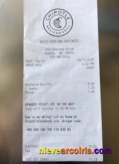 USA Chipotle restaurant payment receipt